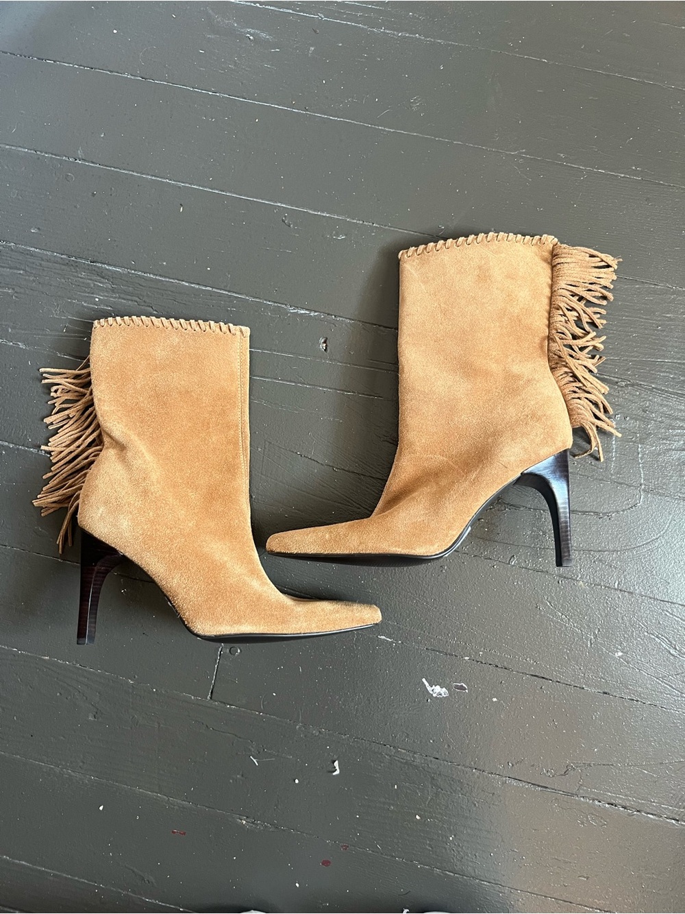 Carlos Santana BlissTan Suede Fringe Pointed-Toe Ankle Boots